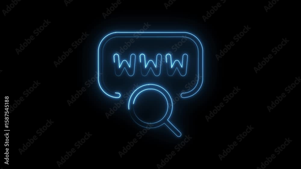 Neon website search animation exploring global internet domain network with magnifying glass on black background