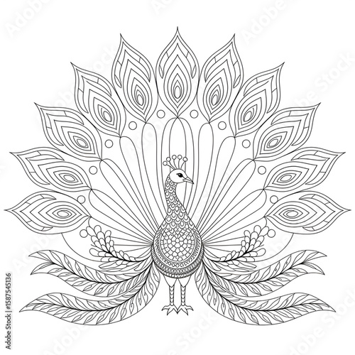 A black and white peacock illustration line art of a coloring and