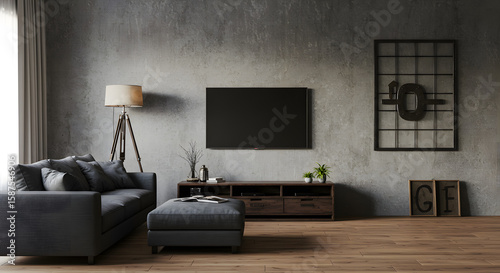 Industrial loft-style living room, centered camera angle with TV