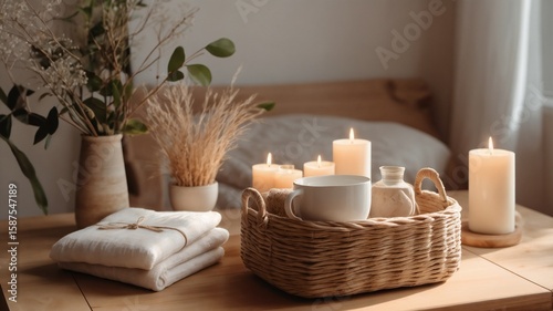 Serene Cozy Spa Still Life with Candles, Towels, and Natural Decor on Wooden Table