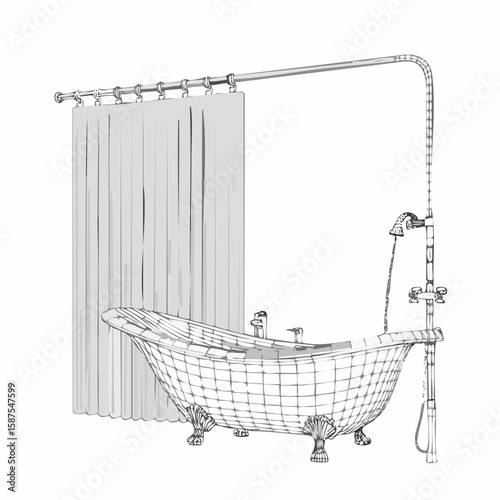 Detailed 3D sketch of a bathtub with a partially closed shower curtain, rendered cleanly in line.