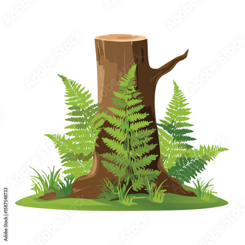 Tree Stump with Green Fern Plant