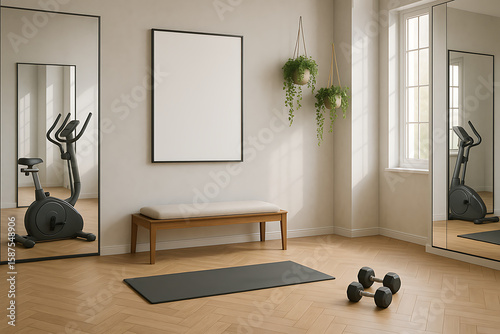 Home gym interior with exercise equipment and blank frame mockup.