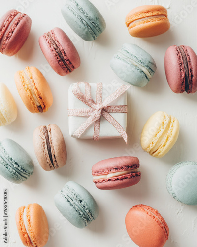 Macarons and gift box look festive, delightful