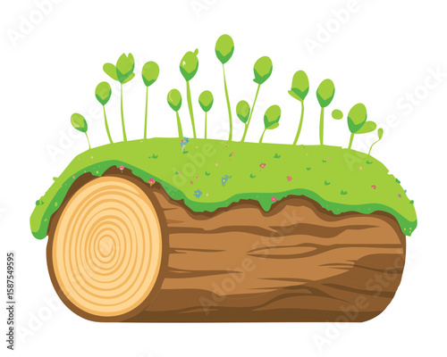 Log Section with Green Sprout Plants