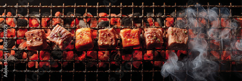 Grilled beef sizzles, smelling amazing as it cooks over hot coals