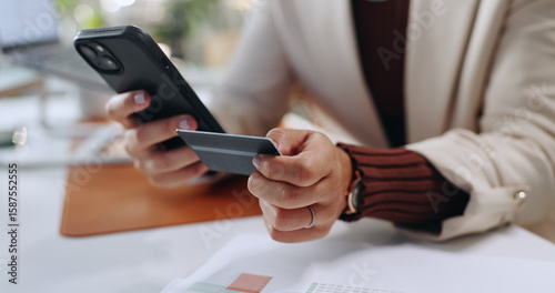 Photos Business person, hands and phone with credit card for online transaction, purchase or banking at office