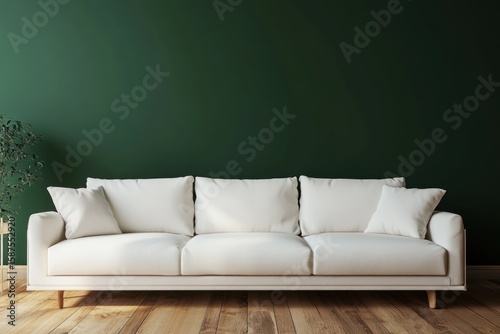 Luxurious white sofa on wood floor with dark green background, interior design 3D render