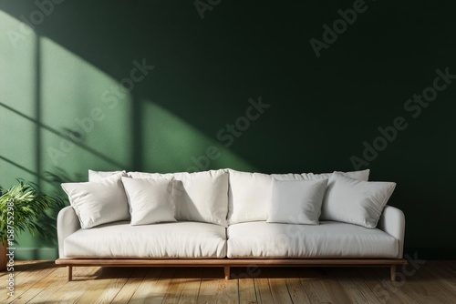 Luxurious white sofa on wood floor with dark green background, interior design 3D render