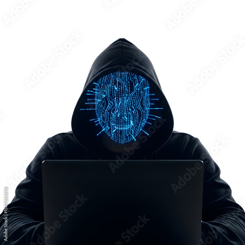 Hacker with an anonymous digital mask using a laptop for cybercrime, transparent background