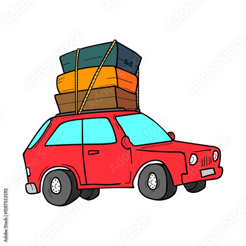 Adventure-Ready Ride: A vibrant red car, laden with luggage, embodies the spirit of travel and journey, ready for a road adventure.