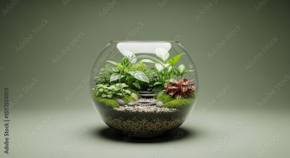 Glass Terrarium with Green and Red Houseplants on Neutral Background Glass Terrarium with Green and Red Houseplants on Neutral Background