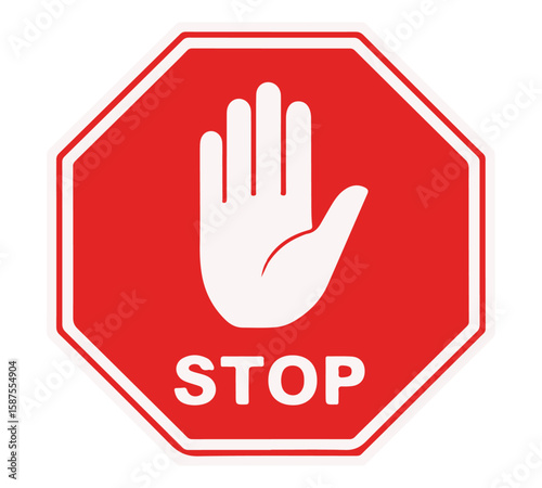 Octagonal red stop sign featuring a white hand and the word 