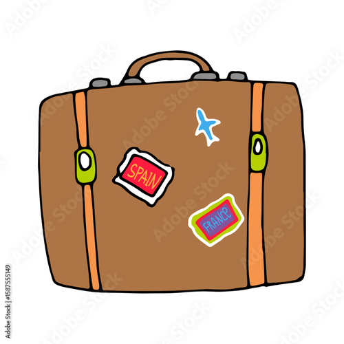 Vintage Suitcase with Travel Stickers: A charming illustration of a vintage brown suitcase adorned with colorful travel stickers, hinting at exciting adventures and wanderlust.
