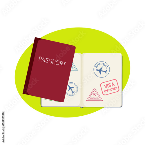 Passport and Visa: A passport with visa stamps and travel document, symbolizing journey, adventure, and the excitement of new destinations.