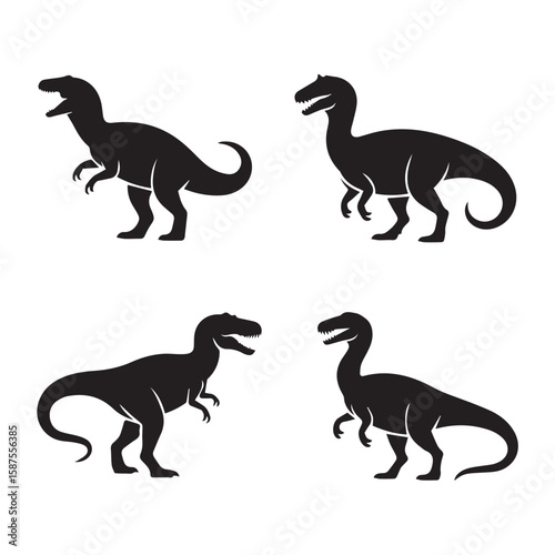 Dinosaur Silhouettes Prehistoric Animals Vector Set - Tyrannosaurus, Velociraptor, Carnivores – Ancient Wildlife Icons