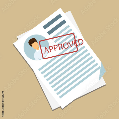 Approval Stamp on Resume: A resume, marked with an approved stamp, lying atop a neutral surface, highlighting the concept of employment, job, and the hiring process.