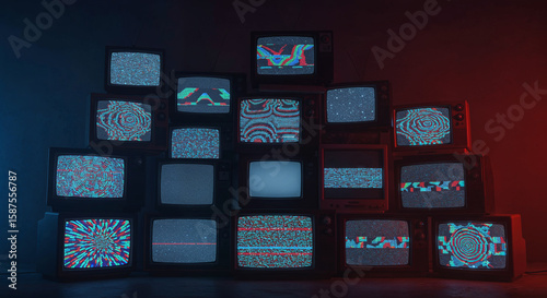 Stack of retro CRT televisions displaying glitch art in a dark moody room