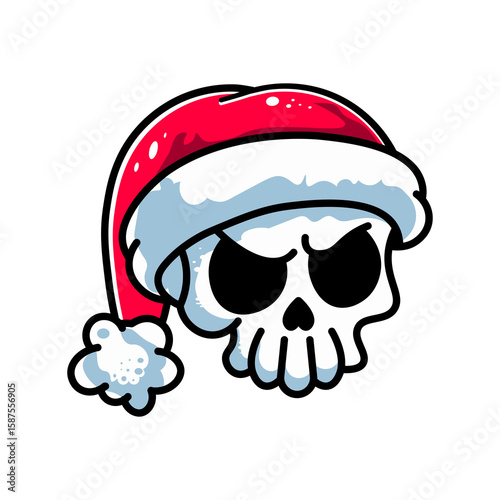 Vector Angry Skull with Santa Hat, Dark Christmas Cartoon Illustration