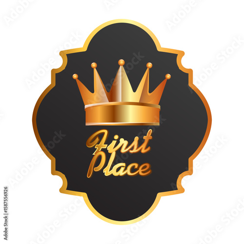 Golden Crown First Place Emblem: A gold and black emblem, showcasing a golden crown, elegantly announces First Place. This emblem is perfect for symbolizing victory, achievement, and excellence.