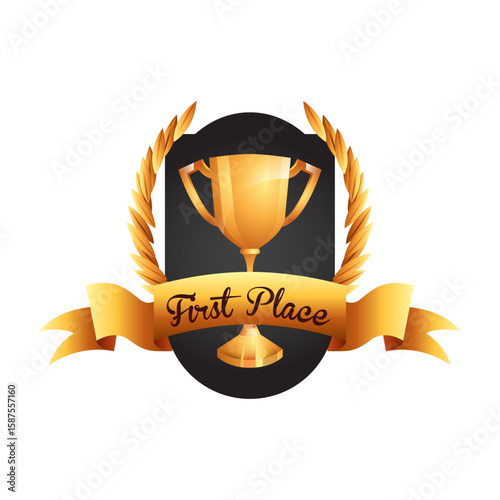A Golden Emblem of Victory: A majestic golden trophy stands proudly within a laurel wreath and a ribbon that says First Place, a symbol of outstanding achievement.
