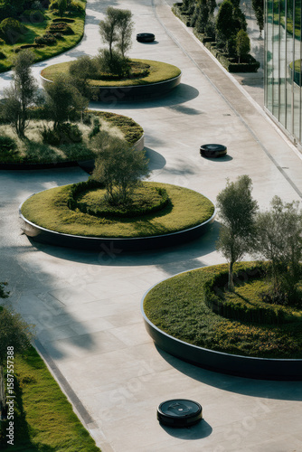 modern scene showcasing drones and robotic cleaning devices designed for efficient outdoor maintenance