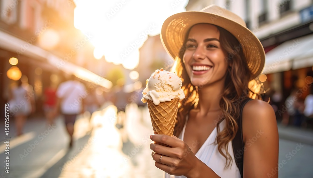 Woman enjoys ice cream outdoors Woman enjoys ice cream outdoors