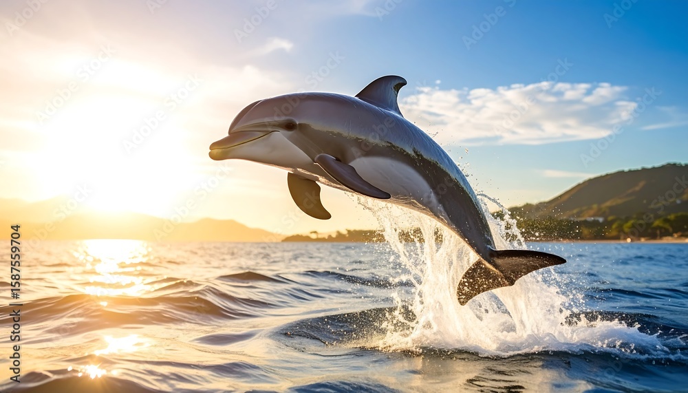 Fototapeta premium Majestic dolphin leaping at sunset