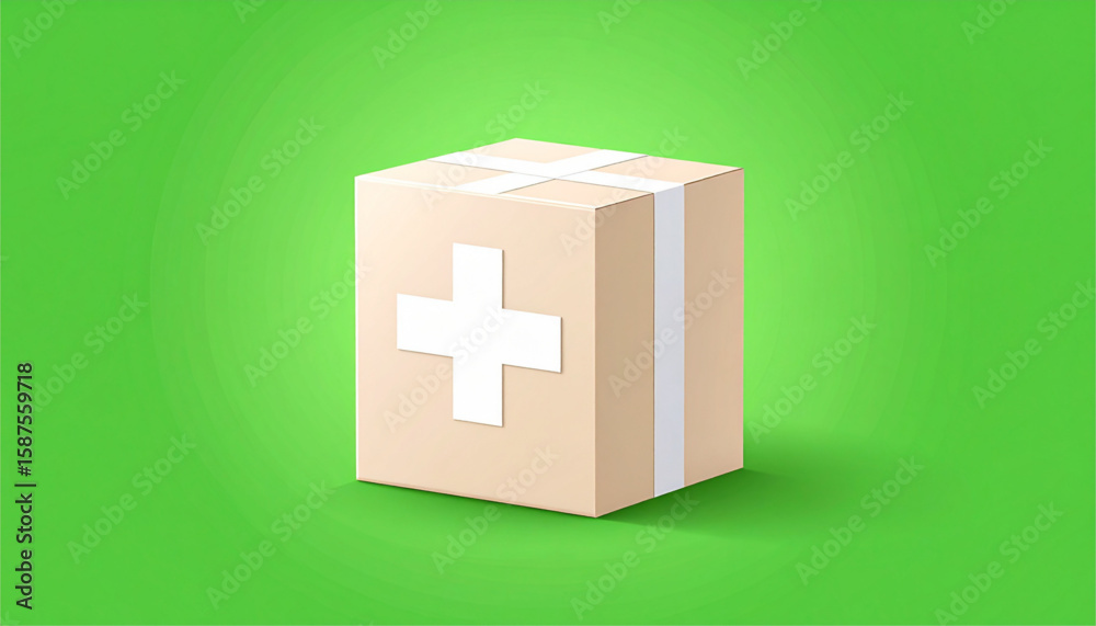 Obraz premium Beige box with a white plus sign, representing a medical kit or supply.