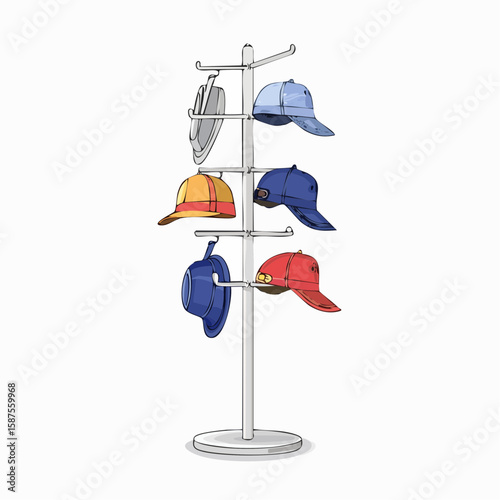 Clean line sketch of a vertical coat rack with hanging hats in minimal technical form.
