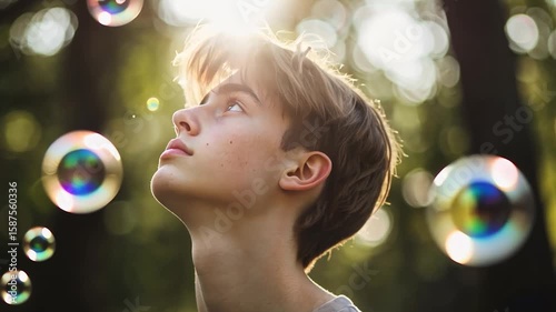 Close-up of a young person gazing upwards at colorful soap bubbles in a natural setting