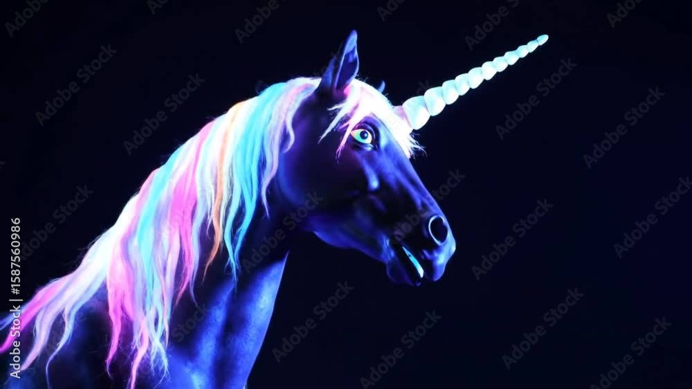 Glowing Unicorn with Rainbow Mane – Animated Mythical Creature Scene on Dark Fantasy Background