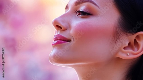 Close-up of a woman's face, serene expression, soft lighting, pink hues