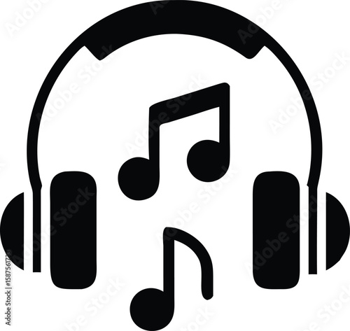 Headphones and musical notes black icon