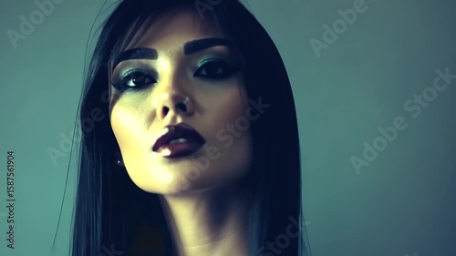 Close-up portrait of a woman with dramatic makeup and long dark hair