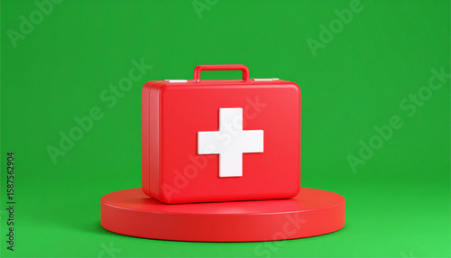 A red first-aid kit, prominently displaying a white cross, rests on a small red platform against a vibrant green backdrop.