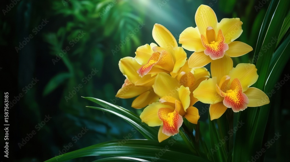 Fototapeta premium Vibrant yellow orchids in tropical setting
