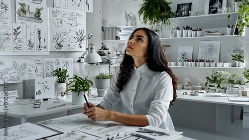 Woman artist in a bright, minimalist workspace, surrounded by plant sketches and botanical drawings