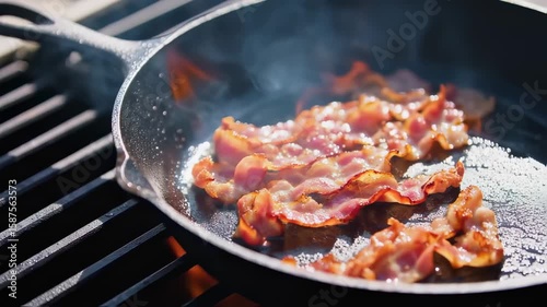 Sizzling Bacon on a Cast Iron Pan: A Delicious Culinary Experience with Smoke and Fire