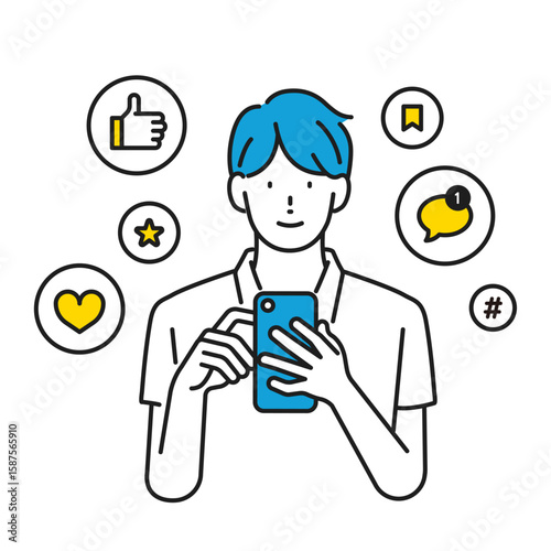 イラスト素材：スマホを見ながら、SNSから届く絵文字リアクションに反応している男性