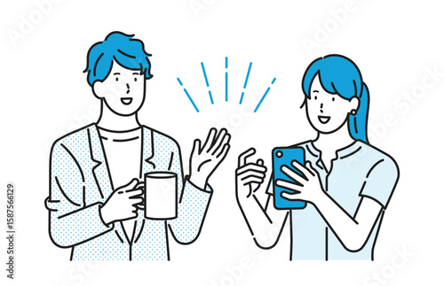 イラスト素材：スマホを見ながら雑談するビジネスパーソンたち