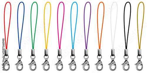 カニカン付き携帯松葉ストラップのシルバー金具のベクター素材イラストカラーバリエーションセット(Vector Set of Cell Phone Straps with Silver Lobster Clasp – Color Variations)