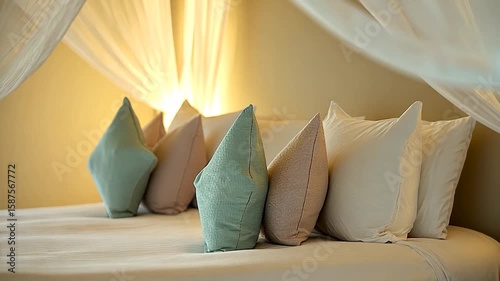 Softly Lit Luxurious Bed with Colorful Pillows and Flowing Canopy Fabric in Elegant Bedroom