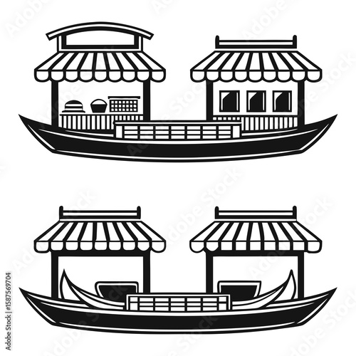 Stylized asian boats with awnings and market stalls vector