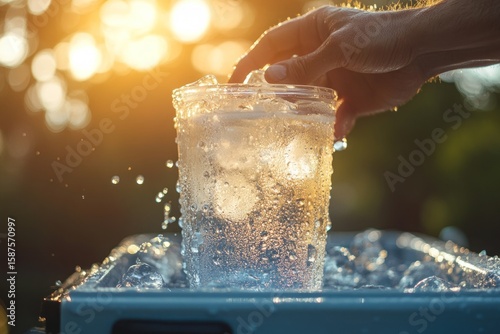 Ice and condensation, hand picks chilled drink from cooler in sunshine