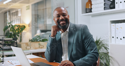 Tableau sur toile Smile, laptop and portrait of business black man in office for risk assessment, policy review or planning