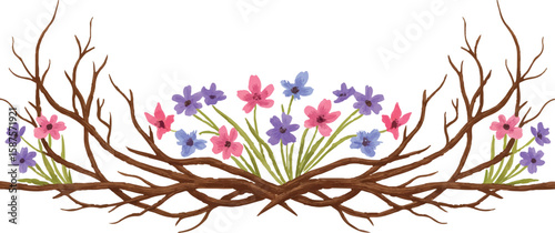 Nature-themed horizontal divider with wildflowers and branches, balanced and stylized, Adobe Illustrator