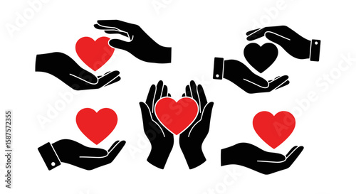 Love and Compassion: A symbolic representation of the care and compassion with heart shape being held by hand in different poses, emphasizing giving and sharing