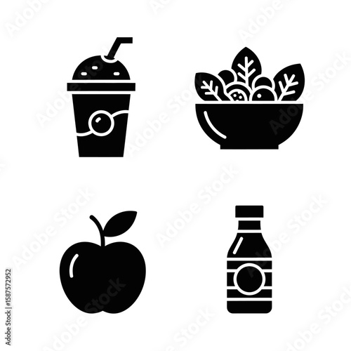 Healthy Eating Essentials: An image of diverse nutritional foods, showcasing a delightful smoothie, fresh salad, crisp apple, and healthy juice or dressing.