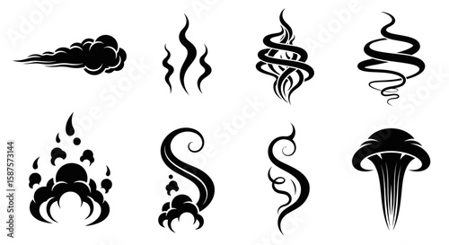 Smoke Shape collection: A compilation of stylized smoke shapes, offering a range of dynamic swirls, plumes, and trails. Perfect for adding visual flair to designs.